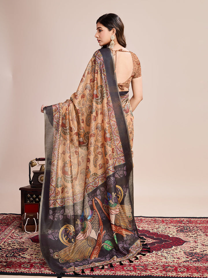Light Brown Linen Saree with Jari-Border | Digital Print for Special Events & Weddings
