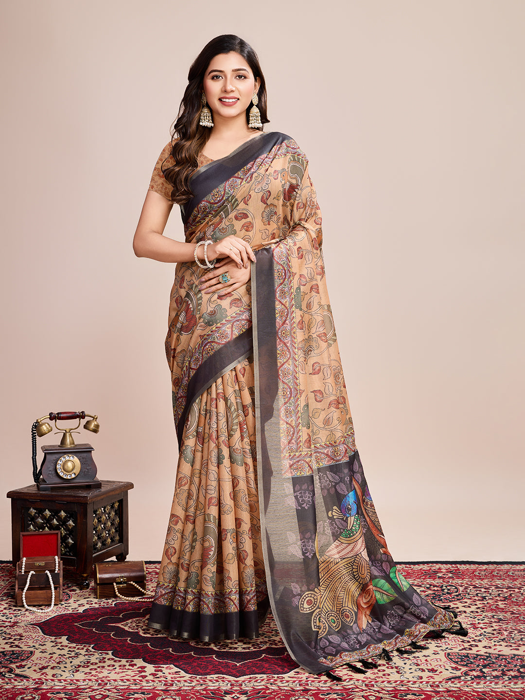Light Brown Linen Saree with Jari-Border | Digital Print for Special Events & Weddings