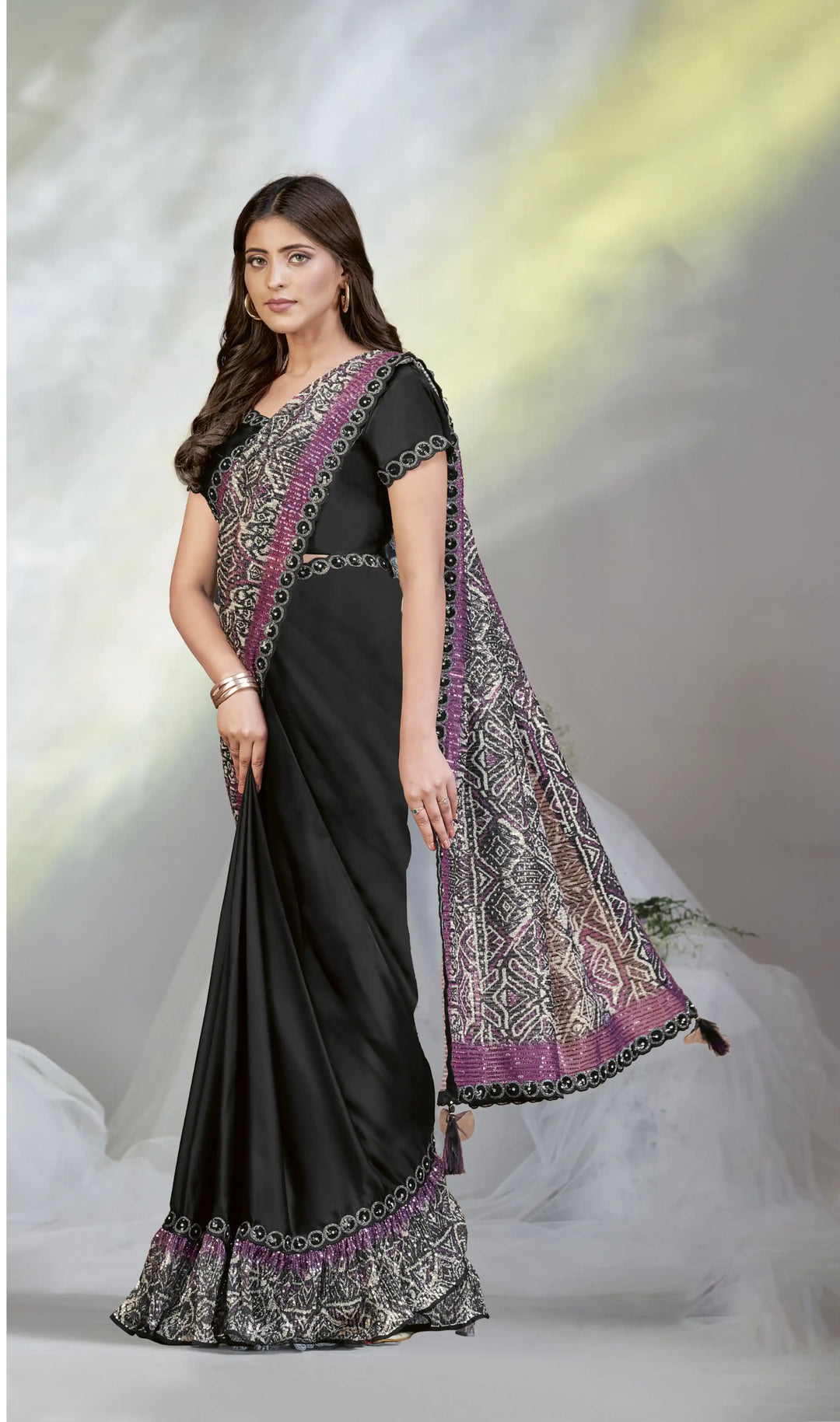 Elegant Two-Tone Satin Silk Saree | Sequenced Embroidery for Weddings