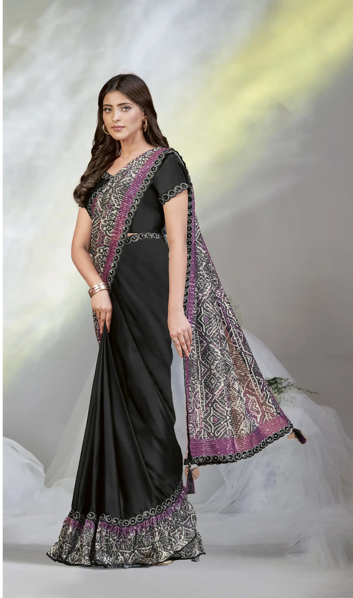 Elegant Two-Tone Satin Silk Saree | Sequenced Embroidery for Weddings