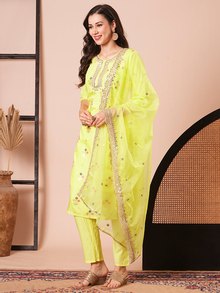 Gorgeous Yellow Viscose Jacquard Top Coordinated with Viscose  Bottom | Highlighting a Stunning