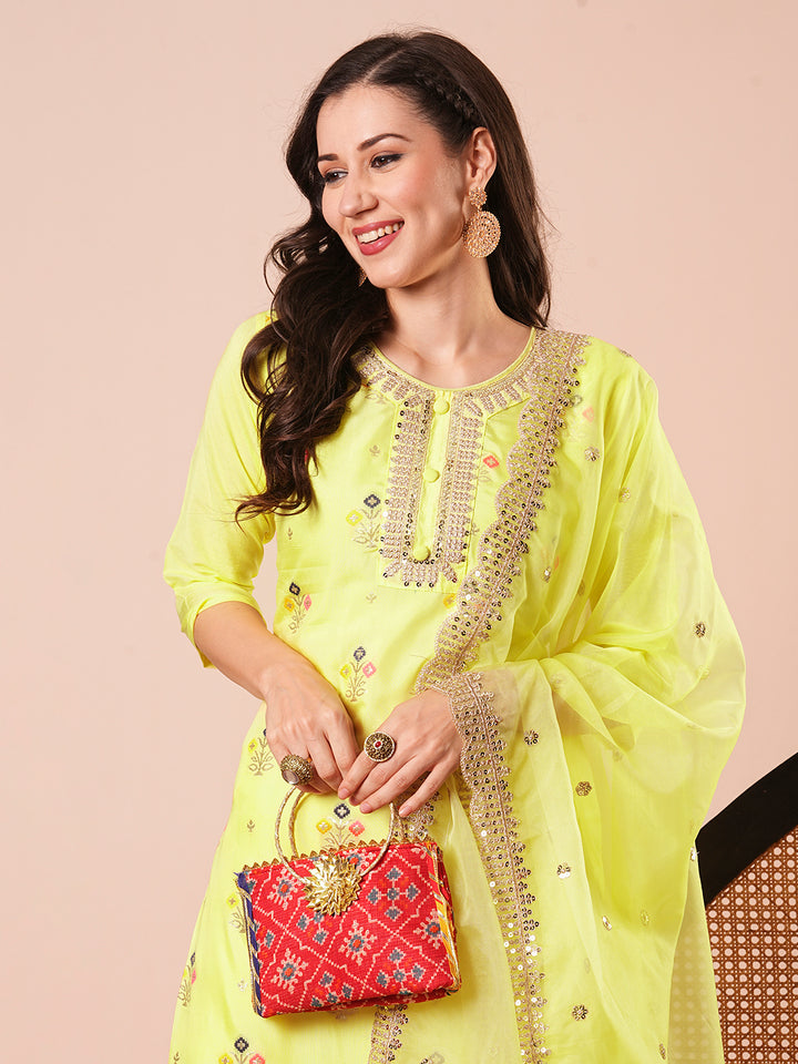 Gorgeous Yellow Viscose Jacquard Top Coordinated with Viscose  Bottom | Highlighting a Stunning