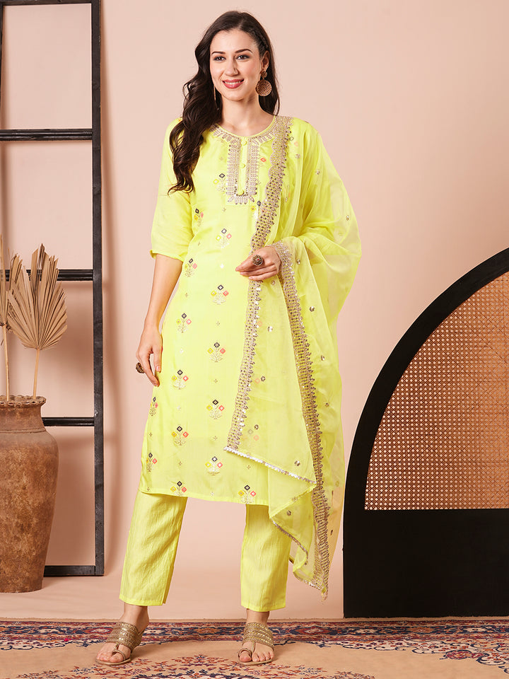 Gorgeous Yellow Viscose Jacquard Top Coordinated with Viscose  Bottom | Highlighting a Stunning