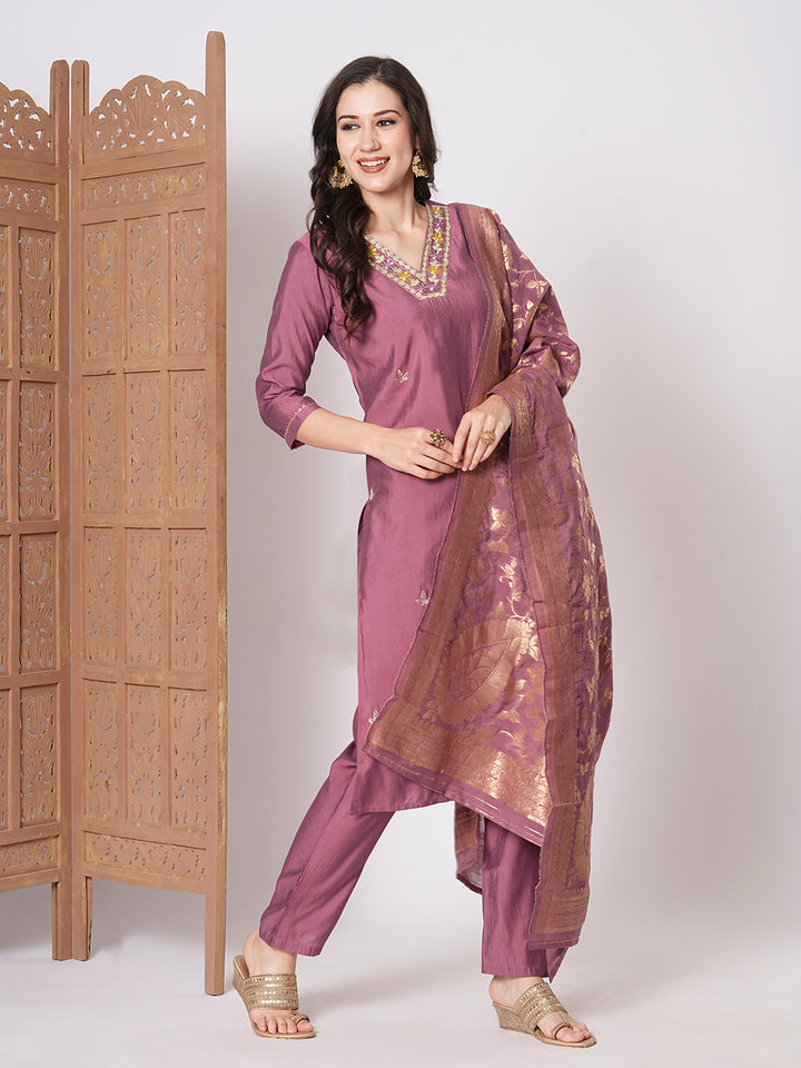 Gorgeous Dusty Pink Suit | PV Chanderi top bottom with Jacquard Silk dupatta
