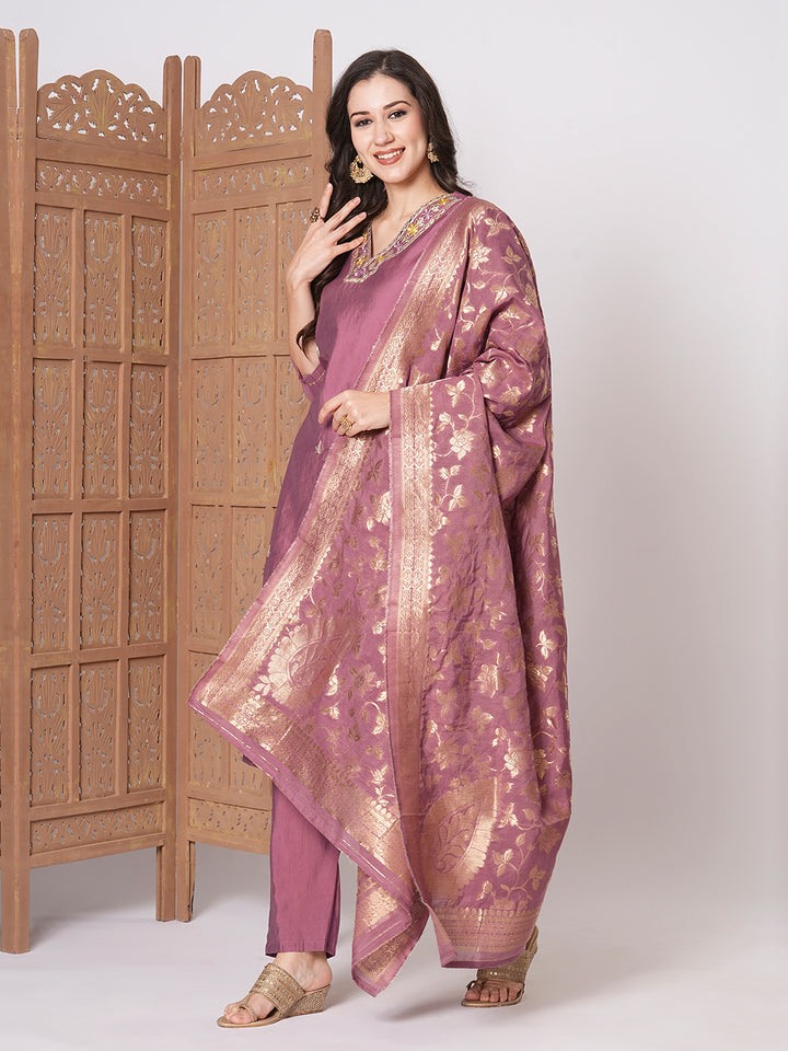 Gorgeous Dusty Pink Suit | PV Chanderi top bottom with Jacquard Silk dupatta