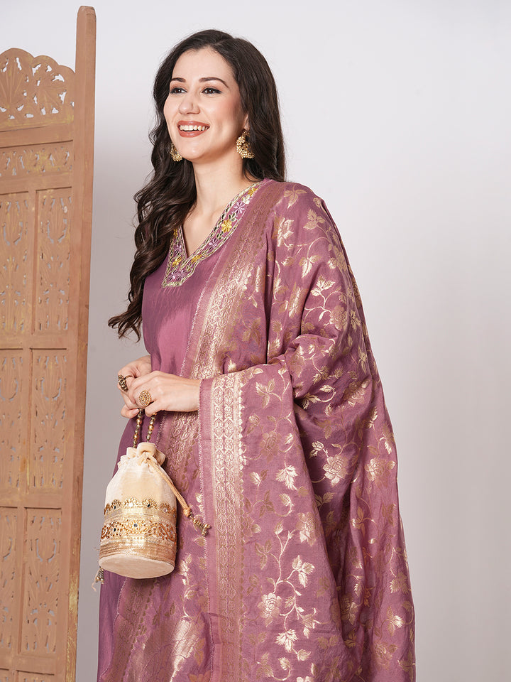 Gorgeous Dusty Pink Suit | PV Chanderi top bottom with Jacquard Silk dupatta