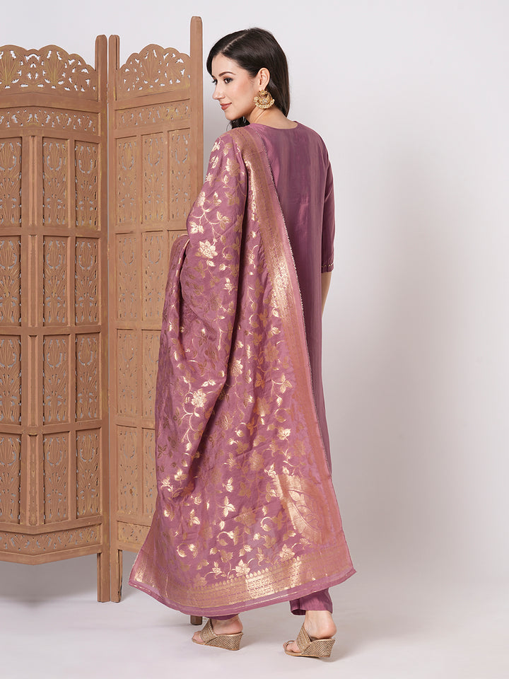 Gorgeous Dusty Pink Suit | PV Chanderi top bottom with Jacquard Silk dupatta