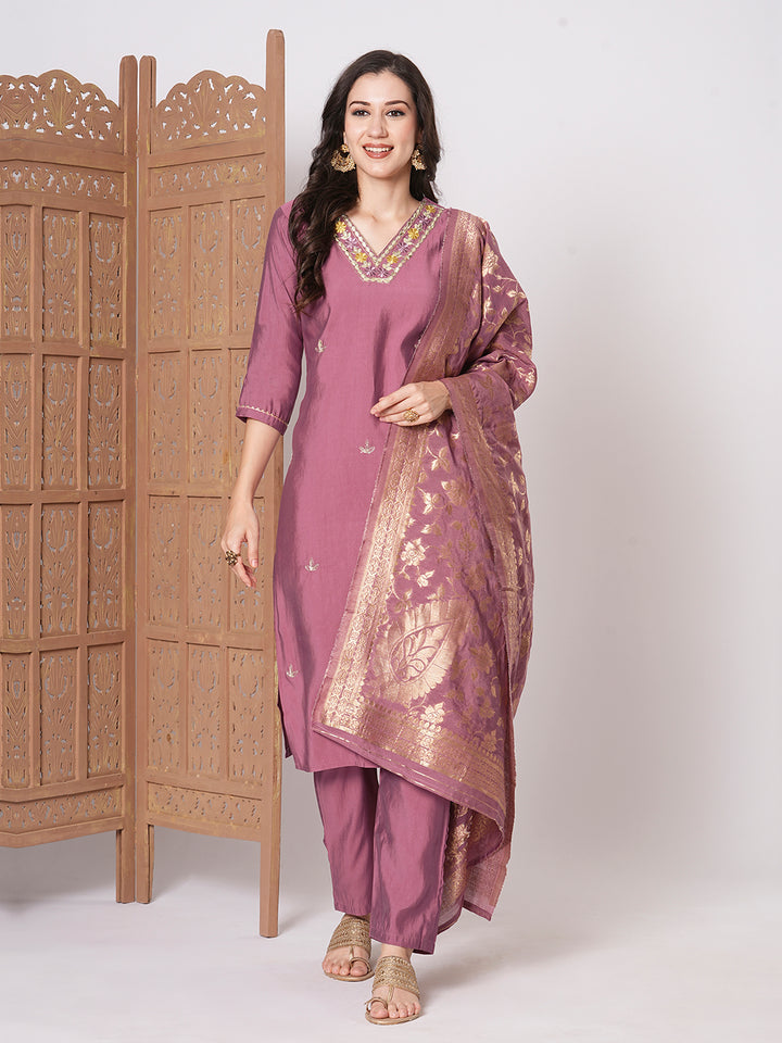 Gorgeous Dusty Pink Suit | PV Chanderi top bottom with Jacquard Silk dupatta