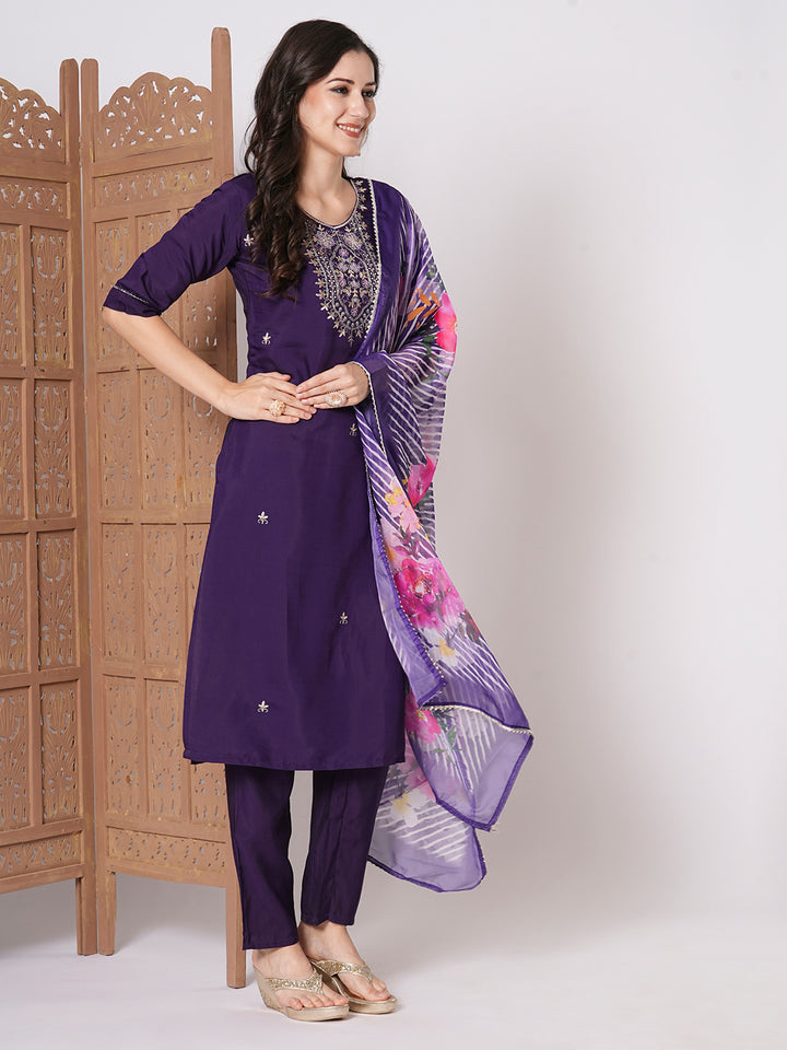 Charming Dark Purple Suit | PV Chanderi top bottom with Taby Silk dupatta