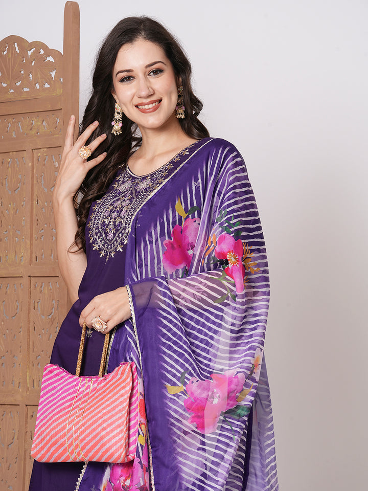 Charming Dark Purple Suit | PV Chanderi top bottom with Taby Silk dupatta