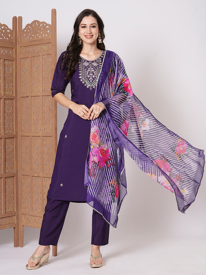 Charming Dark Purple Suit | PV Chanderi top bottom with Taby Silk dupatta