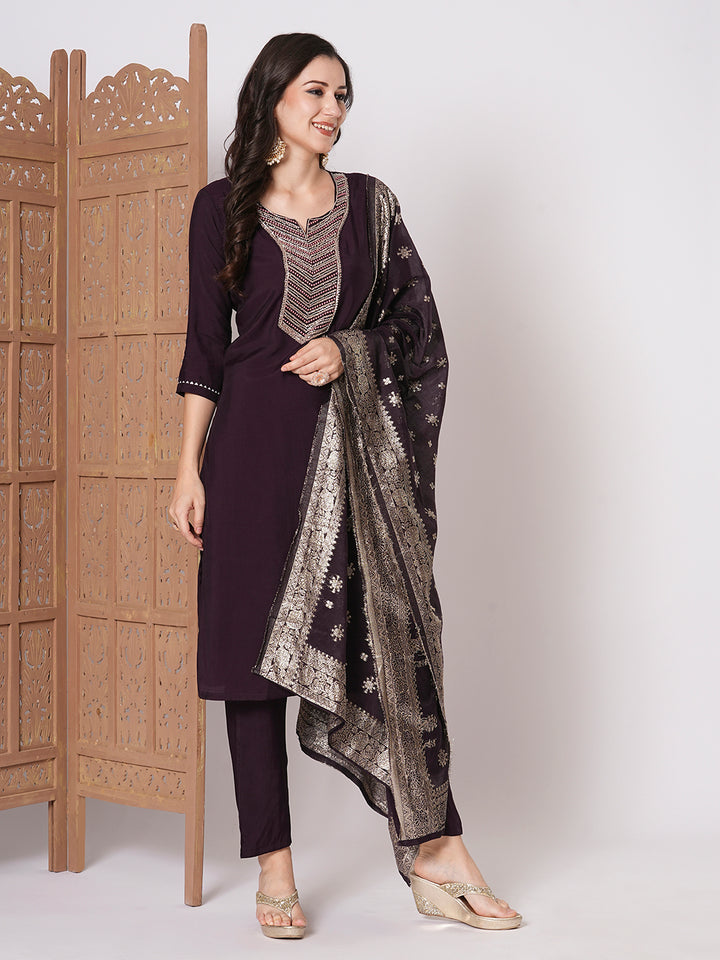 Gorgeous Wine Suit | PV Chanderi top bottom with Jacquard Silk dupatta