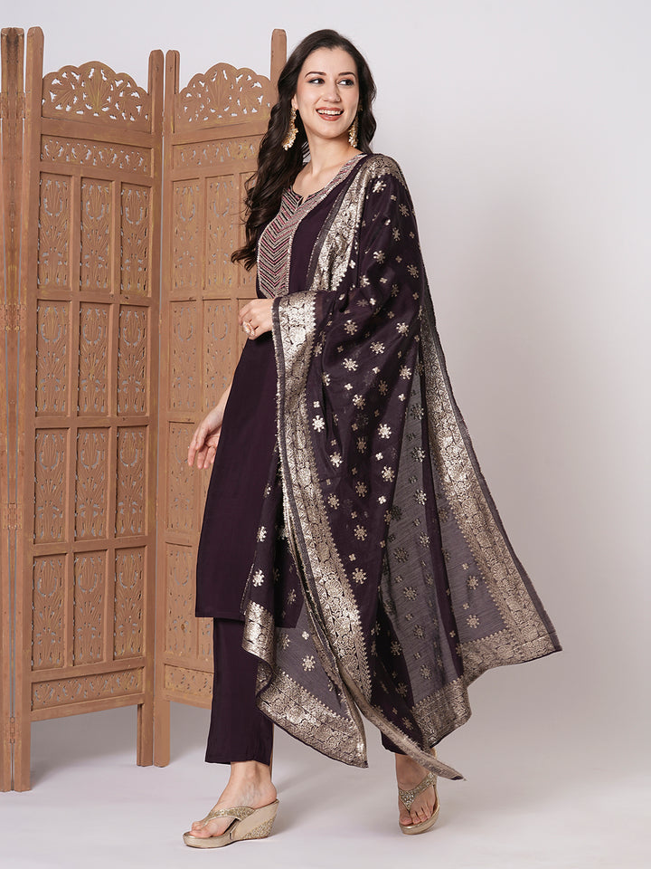 Gorgeous Wine Suit | PV Chanderi top bottom with Jacquard Silk dupatta