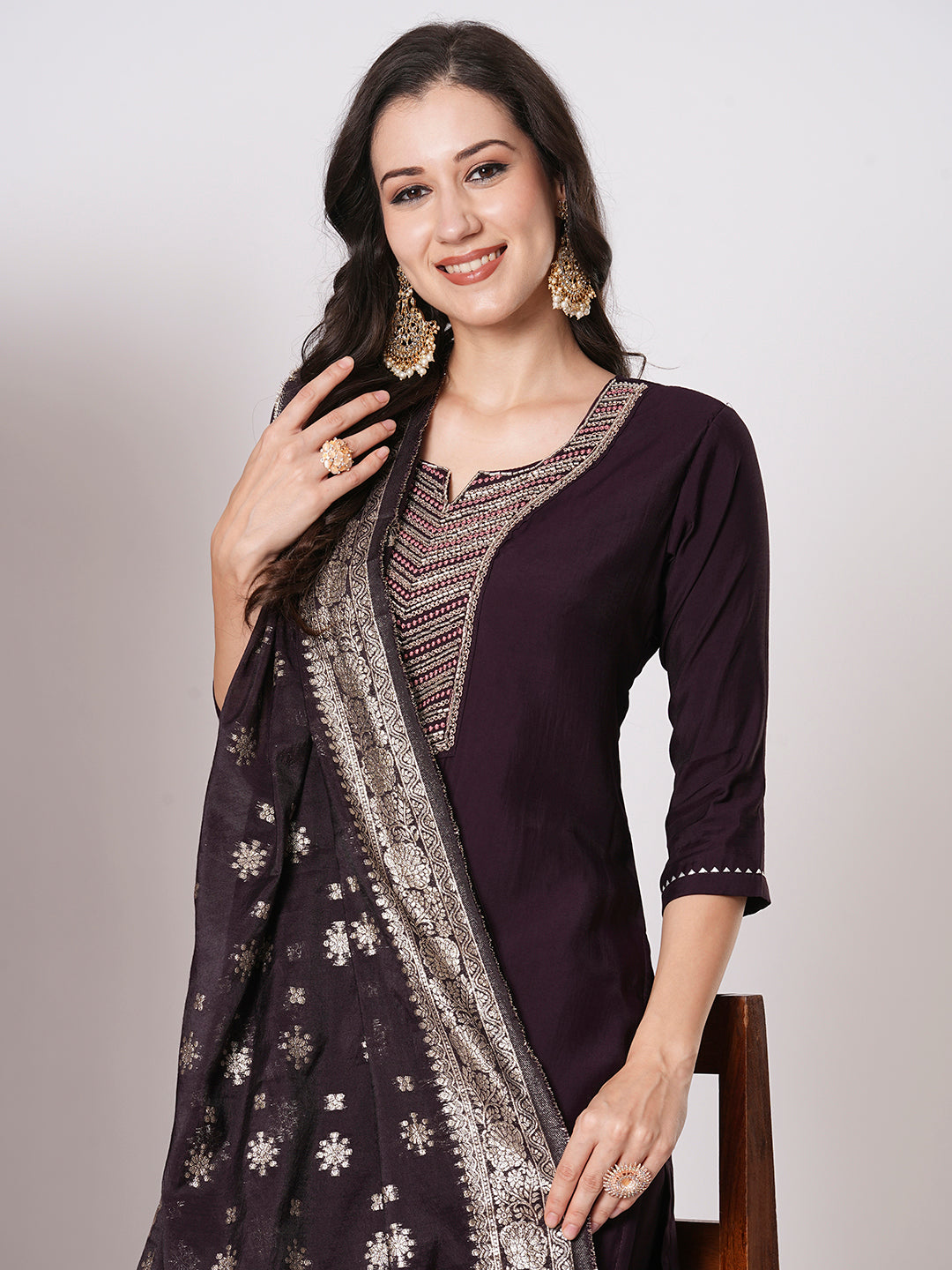 Gorgeous Wine Suit | PV Chanderi top bottom with Jacquard Silk dupatta