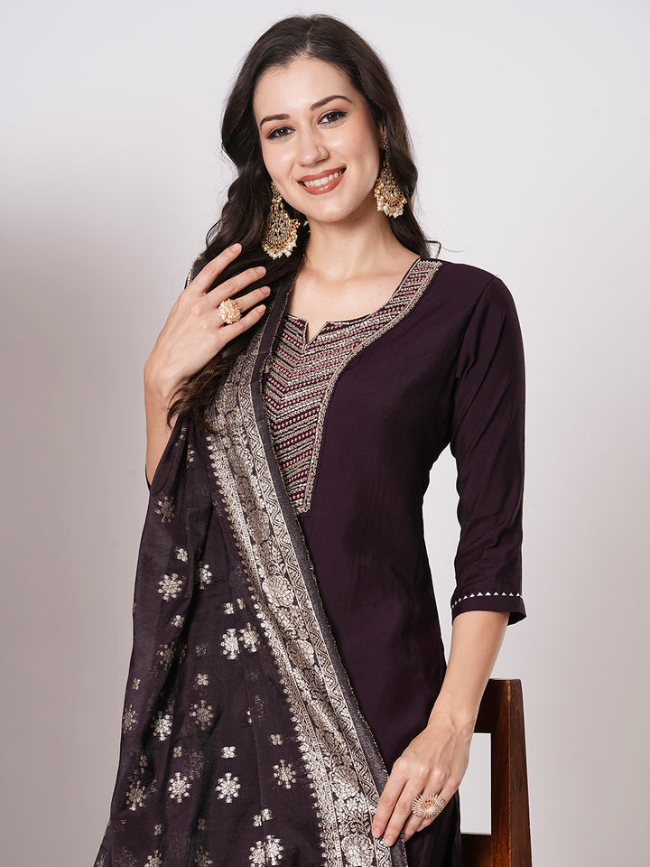 Gorgeous Wine Suit | PV Chanderi top bottom with Jacquard Silk dupatta