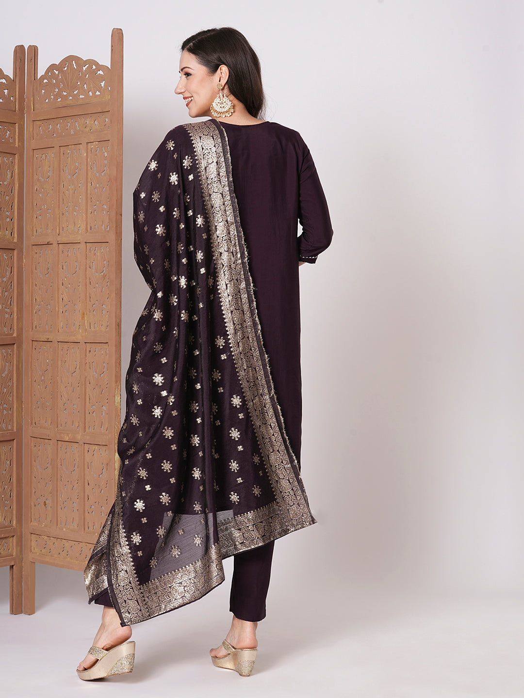 Gorgeous Wine Suit | PV Chanderi top bottom with Jacquard Silk dupatta
