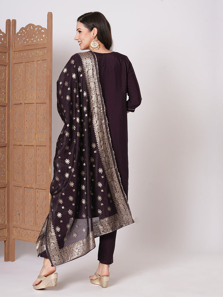 Gorgeous Wine Suit | PV Chanderi top bottom with Jacquard Silk dupatta
