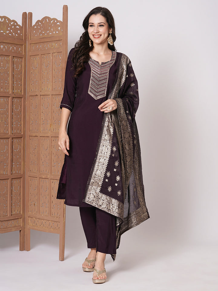 Gorgeous Wine Suit | PV Chanderi top bottom with Jacquard Silk dupatta