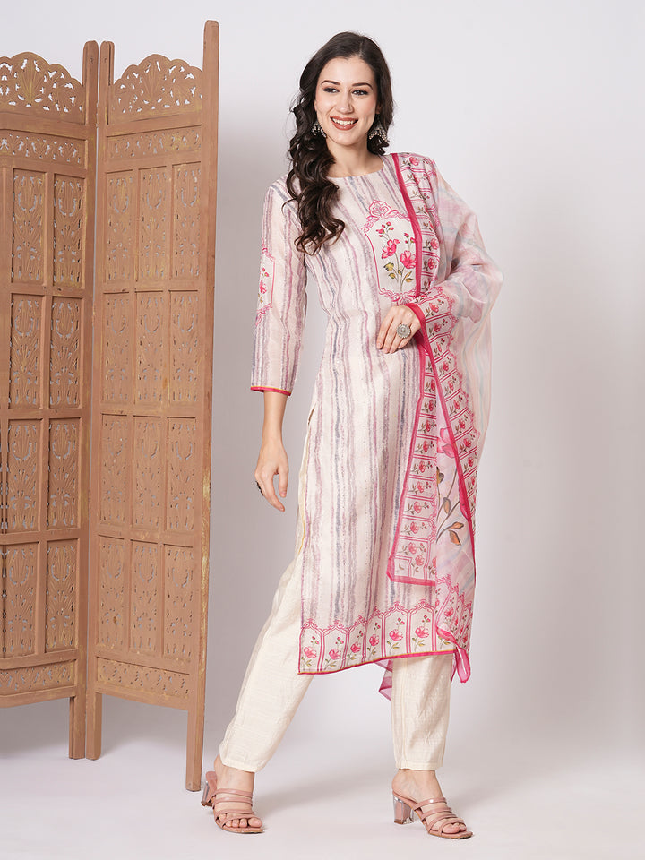 Elegant Off White Muslin Top Matched with Muslin   Bottom | Finished with an Elegant Taby Silk
