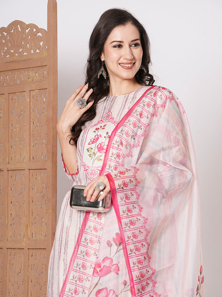 Elegant Off White Muslin Top Matched with Muslin   Bottom | Finished with an Elegant Taby Silk