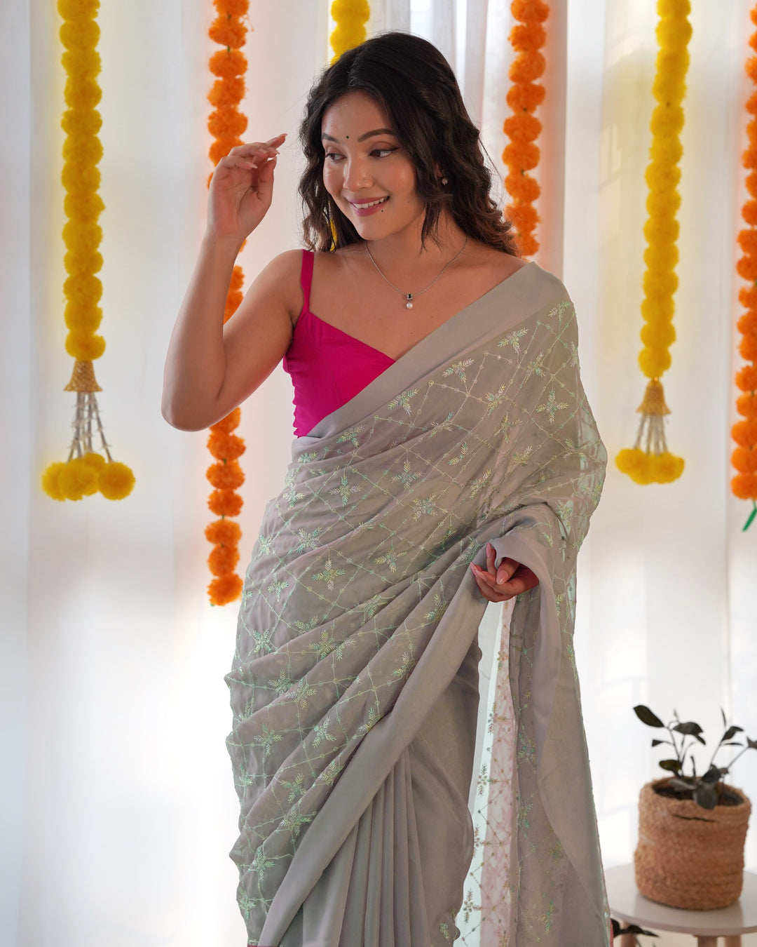 Designer Saree with Thread Sequins Embroidery | Luxurious Satin Georgette Drape