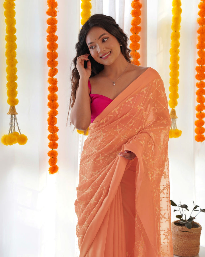 Designer Saree with Thread Sequins Embroidery | Luxurious Satin Georgette Drape