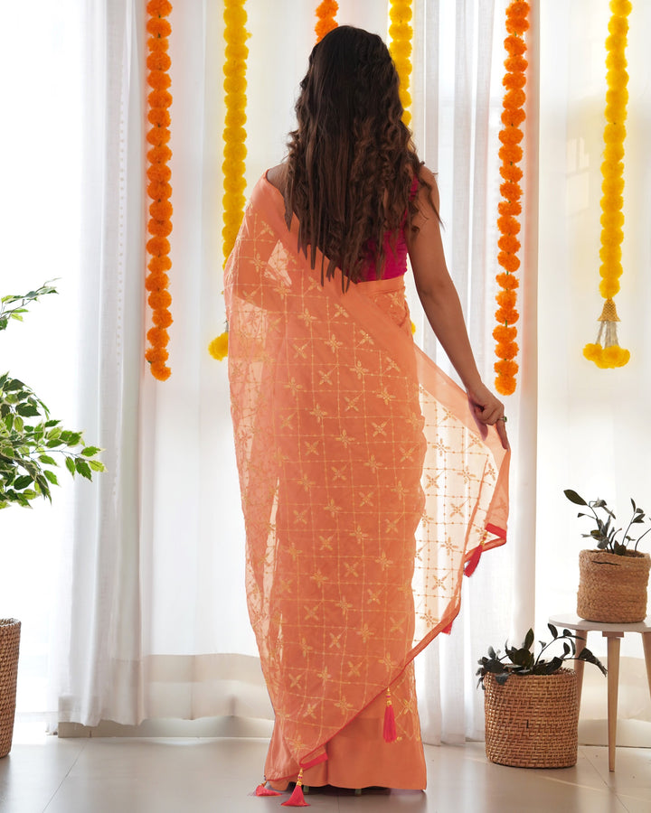 Designer Saree with Thread Sequins Embroidery | Luxurious Satin Georgette Drape