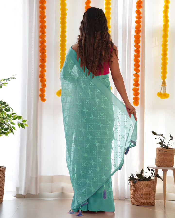 Designer Saree with Thread Sequins Embroidery | Luxurious Satin Georgette Drape