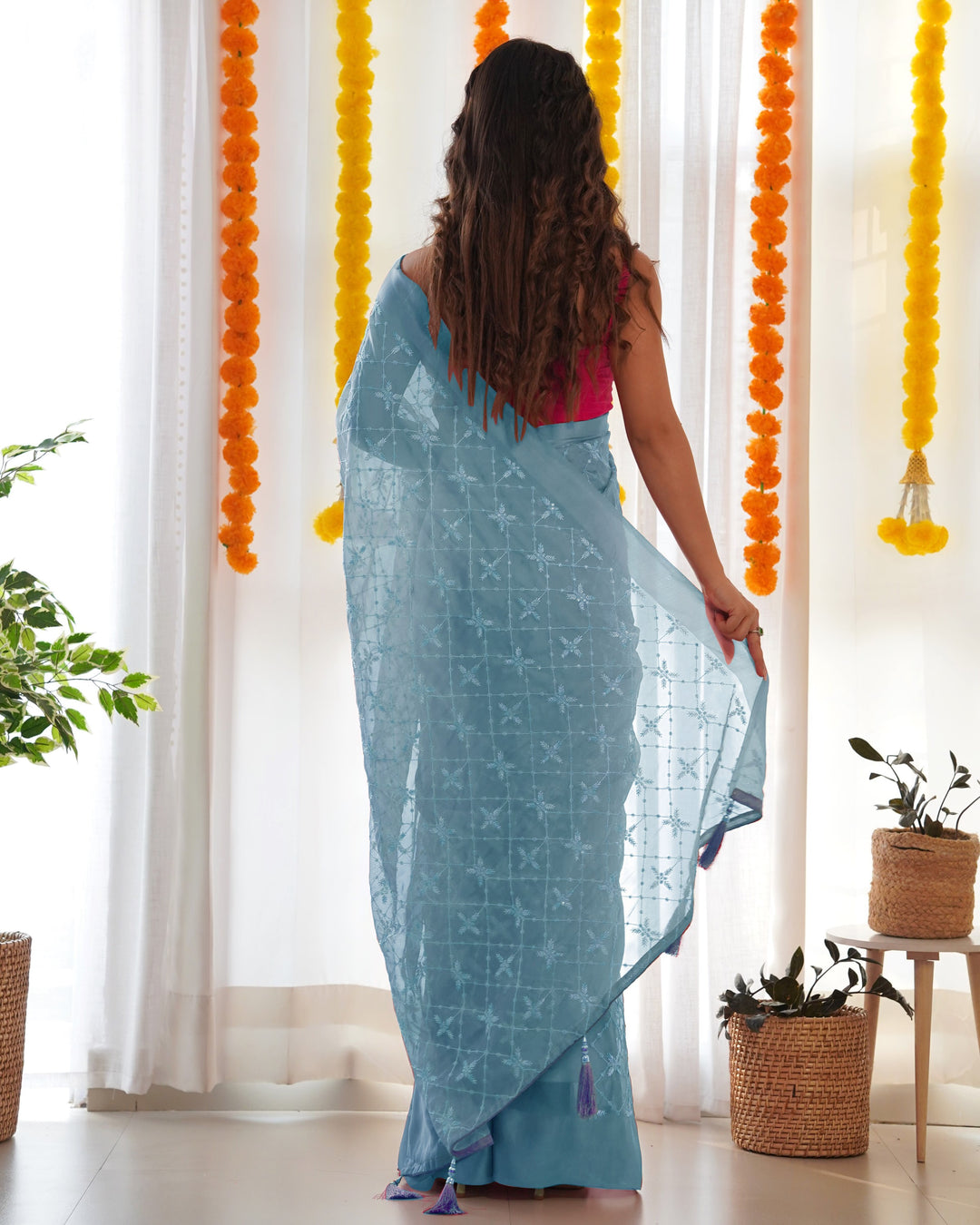 Designer Saree with Thread Sequins Embroidery | Luxurious Satin Georgette Drape