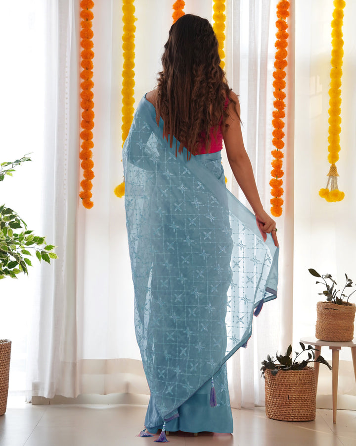 Designer Saree with Thread Sequins Embroidery | Luxurious Satin Georgette Drape