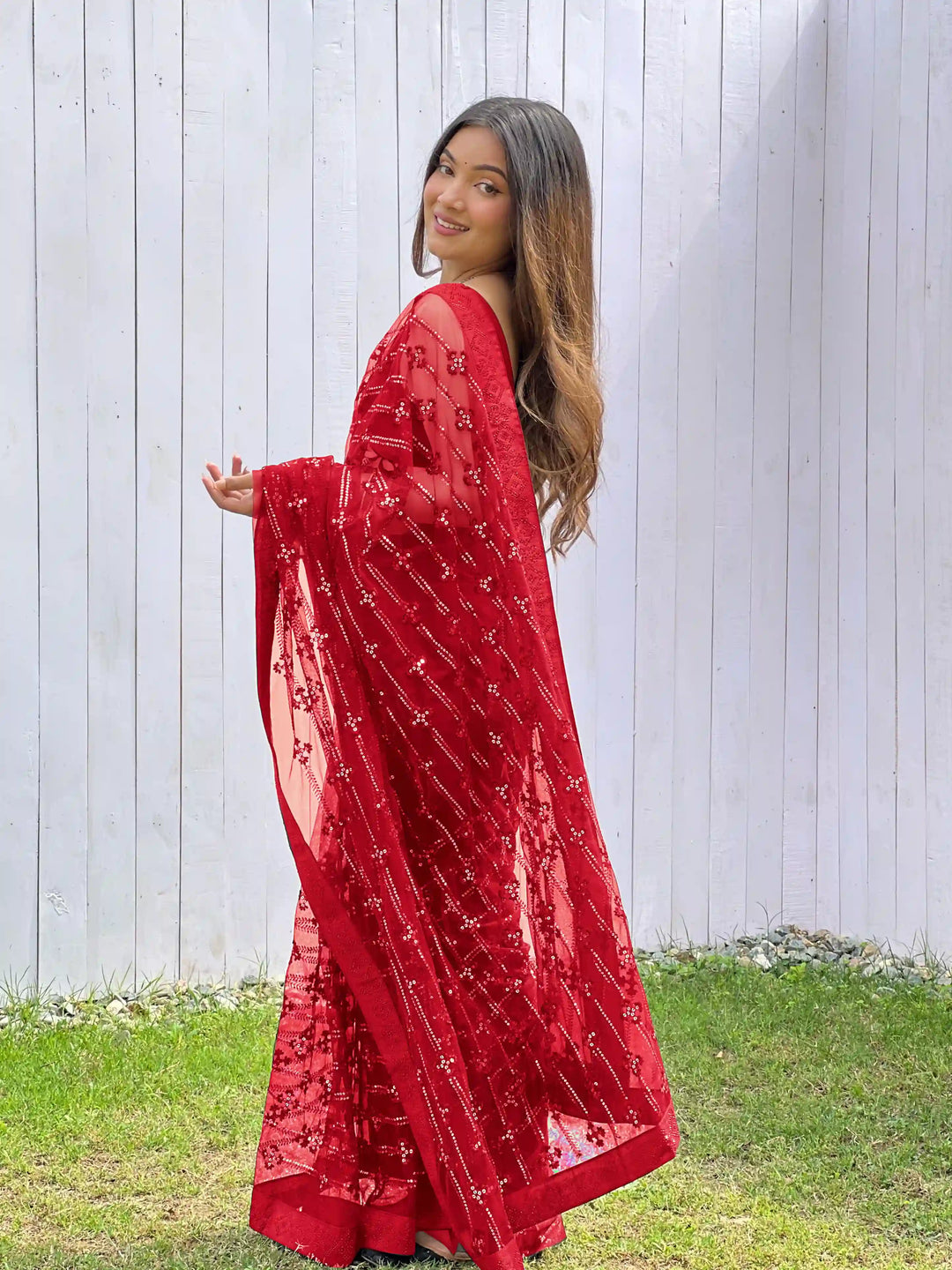 Luxurious Designer Saree in Butterfly Net Fabric | Diamond Work Blouse