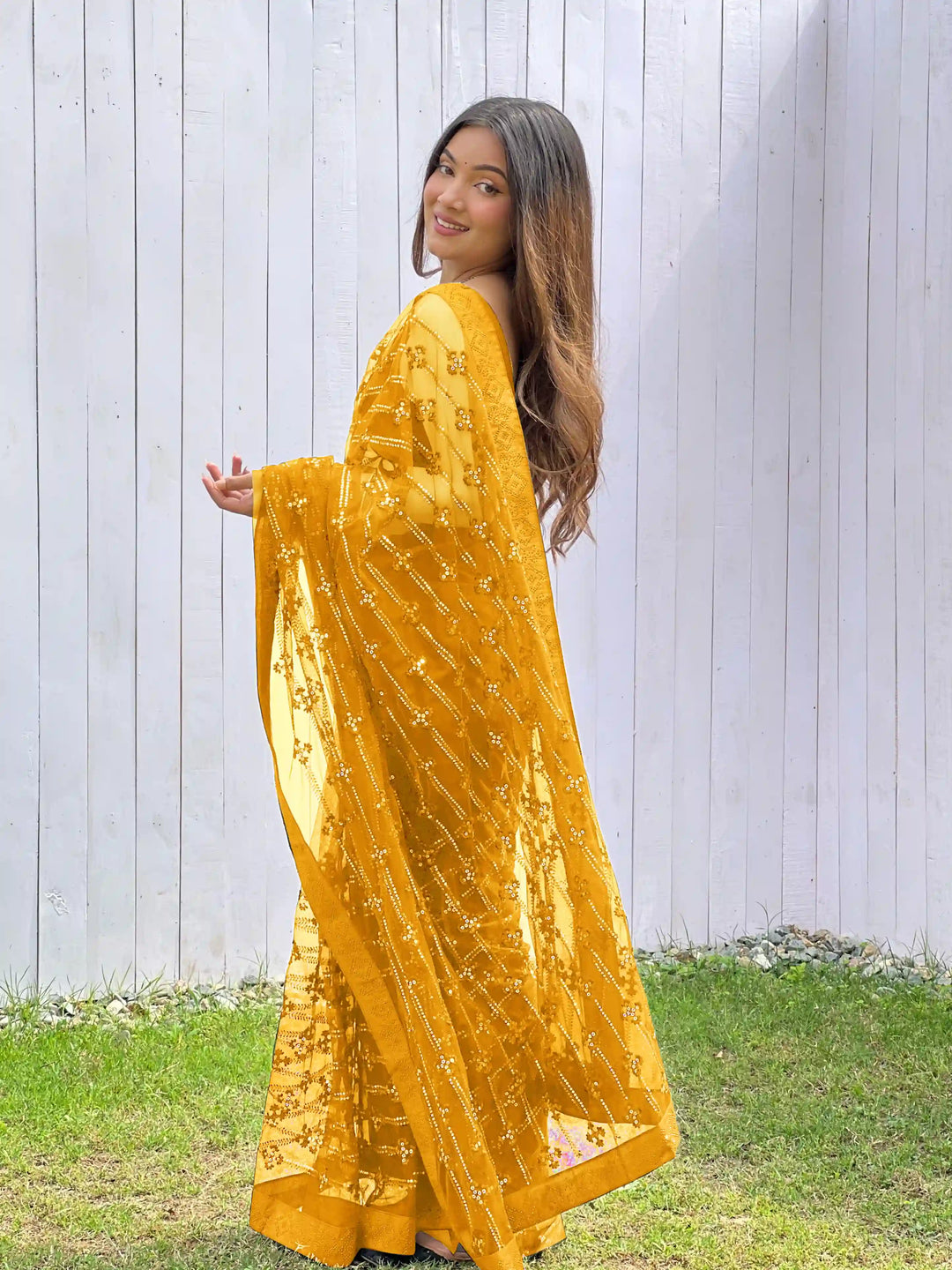 Luxurious Designer Saree in Butterfly Net Fabric | Diamond Work Blouse