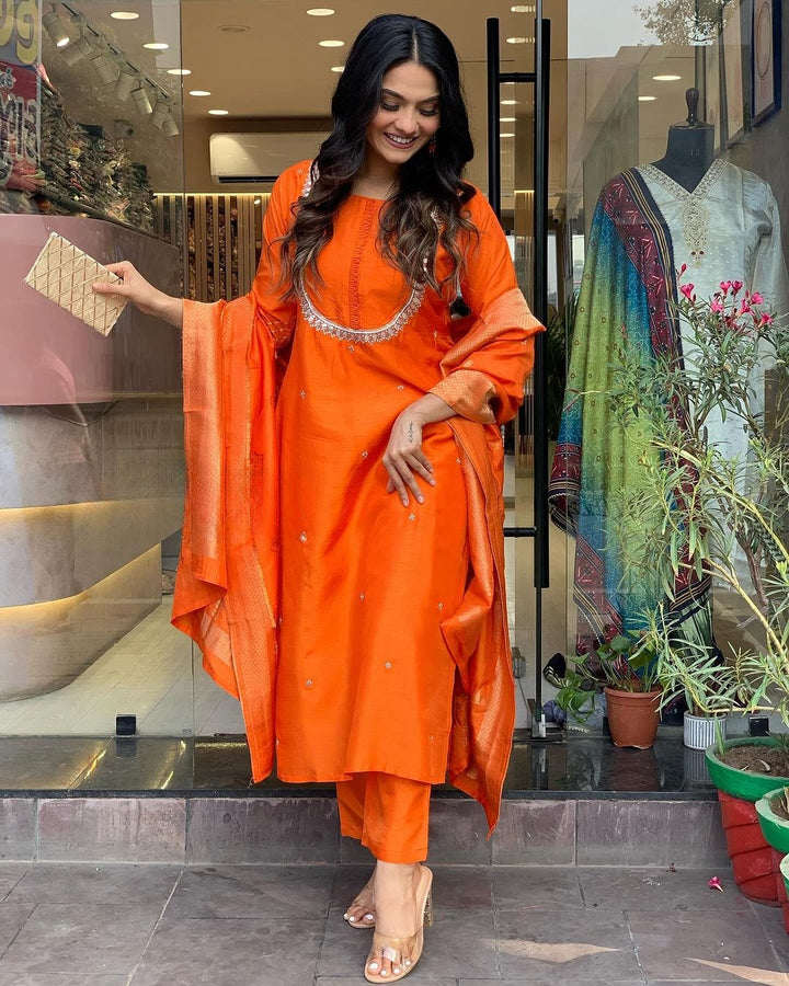 Graceful Orange Suit | Viscose Chanderi top bottom with Jacquard Silk dupatta
