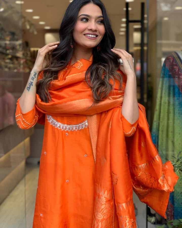 Graceful Orange Suit | Viscose Chanderi top bottom with Jacquard Silk dupatta