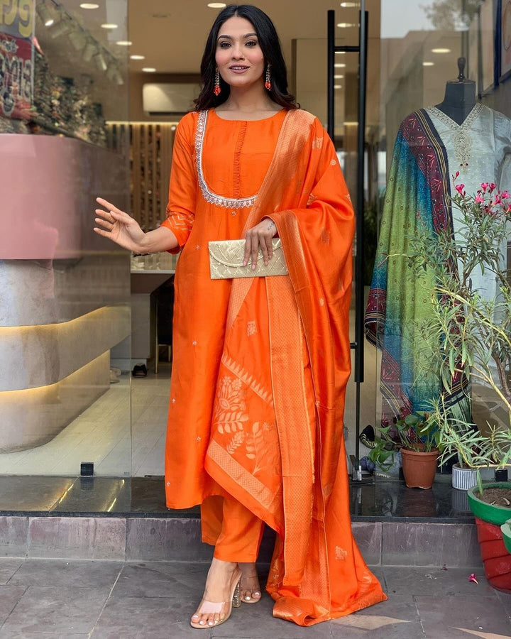 Graceful Orange Suit | Viscose Chanderi top bottom with Jacquard Silk dupatta