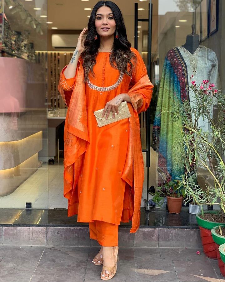 Graceful Orange Suit | Viscose Chanderi top bottom with Jacquard Silk dupatta