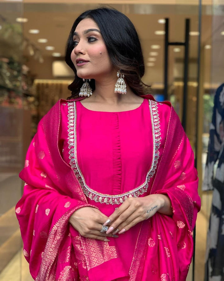 Graceful Orange Suit | Viscose Chanderi top bottom with Jacquard Silk dupatta