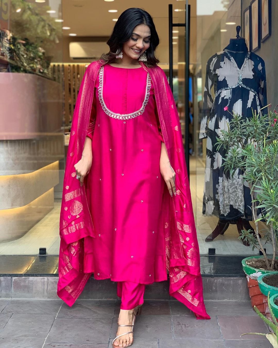 Graceful Orange Suit | Viscose Chanderi top bottom with Jacquard Silk dupatta