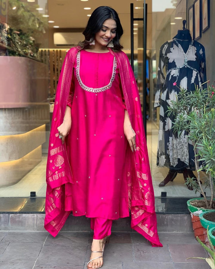 Graceful Orange Suit | Viscose Chanderi top bottom with Jacquard Silk dupatta