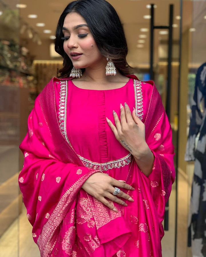 Graceful Orange Suit | Viscose Chanderi top bottom with Jacquard Silk dupatta