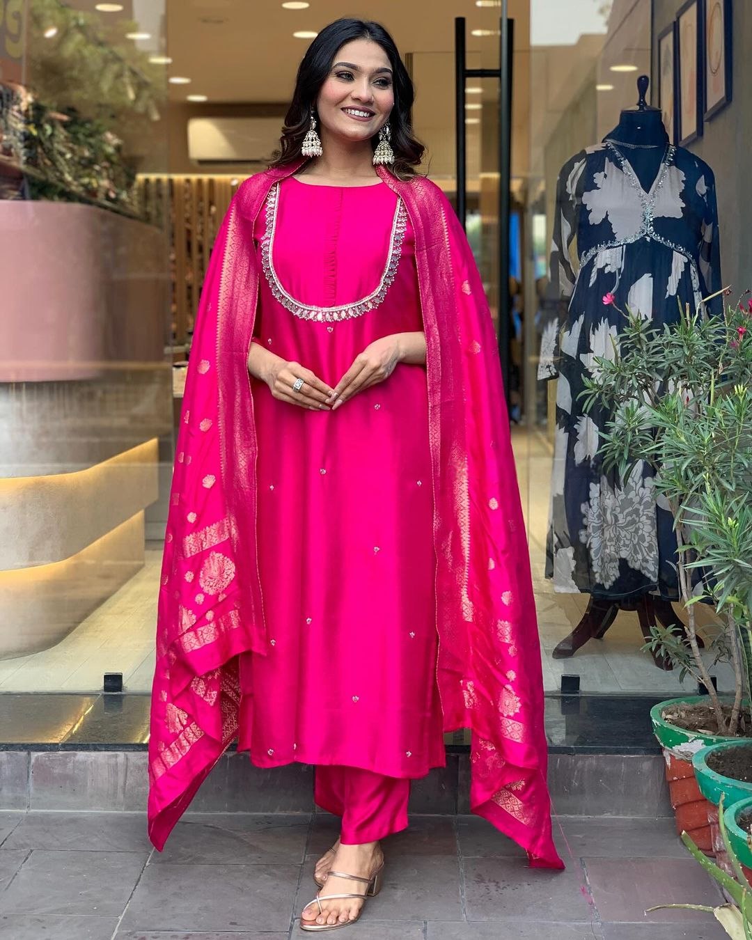 Graceful Orange Suit | Viscose Chanderi top bottom with Jacquard Silk dupatta