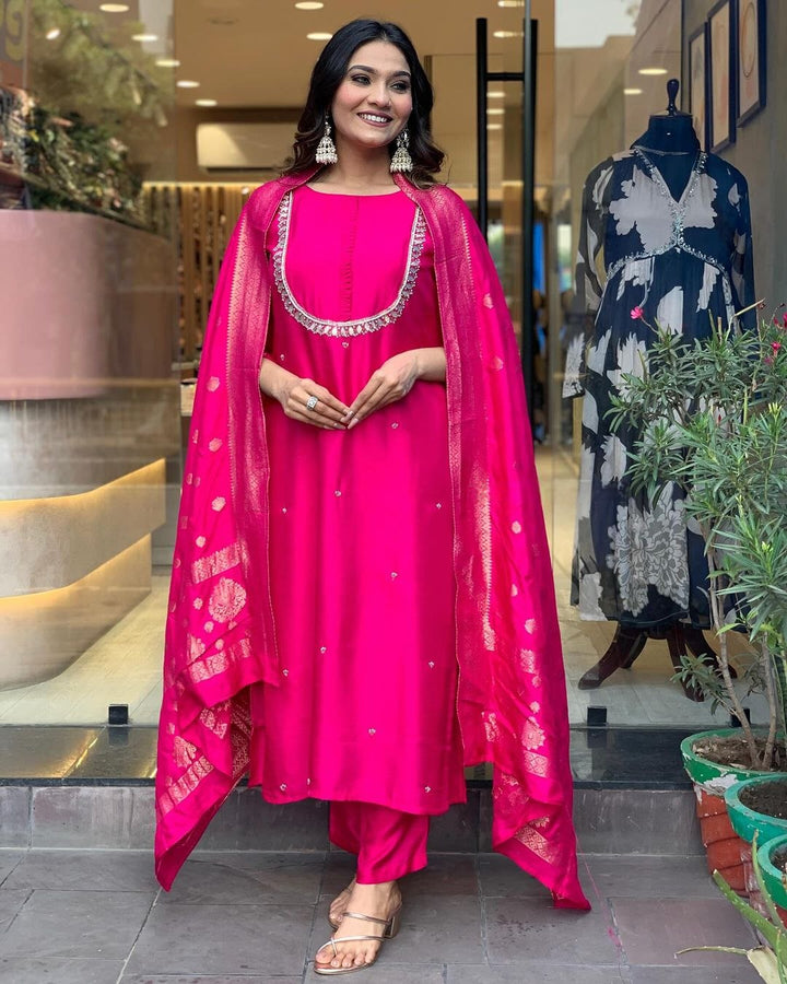 Graceful Orange Suit | Viscose Chanderi top bottom with Jacquard Silk dupatta