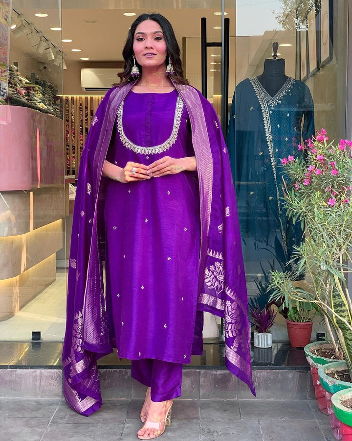 Graceful Orange Suit | Viscose Chanderi top bottom with Jacquard Silk dupatta