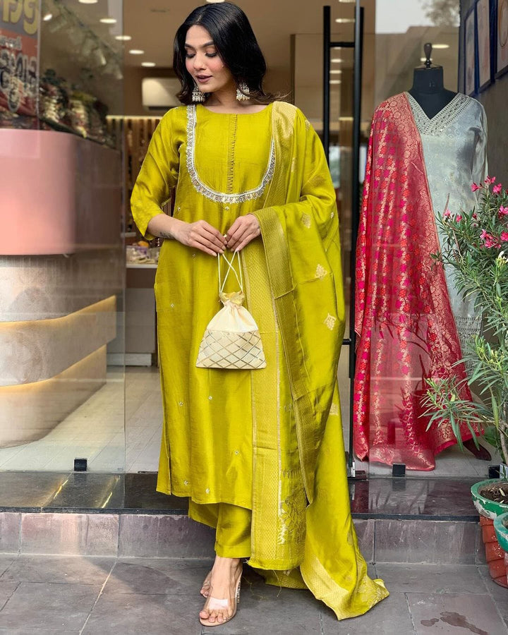 Graceful Orange Suit | Viscose Chanderi top bottom with Jacquard Silk dupatta