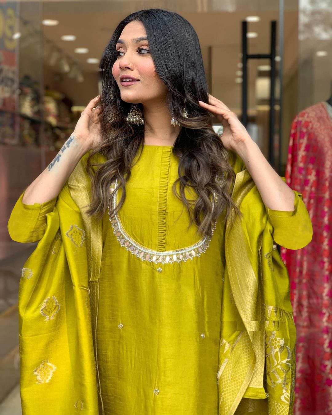 Graceful Orange Suit | Viscose Chanderi top bottom with Jacquard Silk dupatta
