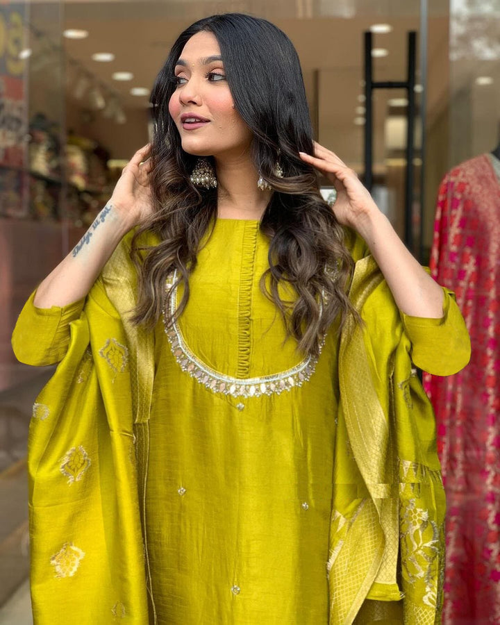 Graceful Orange Suit | Viscose Chanderi top bottom with Jacquard Silk dupatta