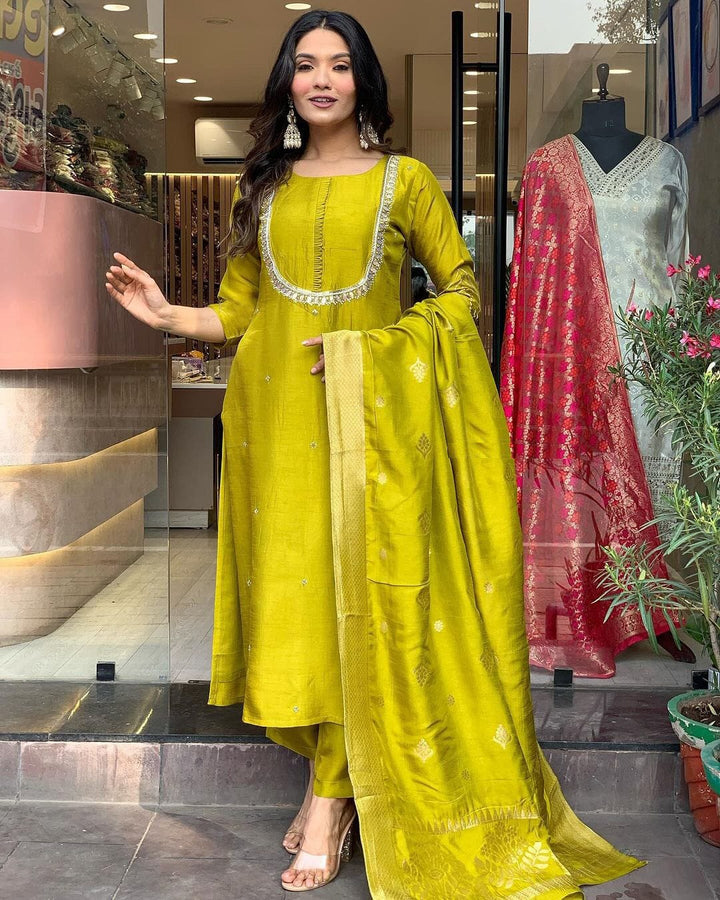 Graceful Orange Suit | Viscose Chanderi top bottom with Jacquard Silk dupatta