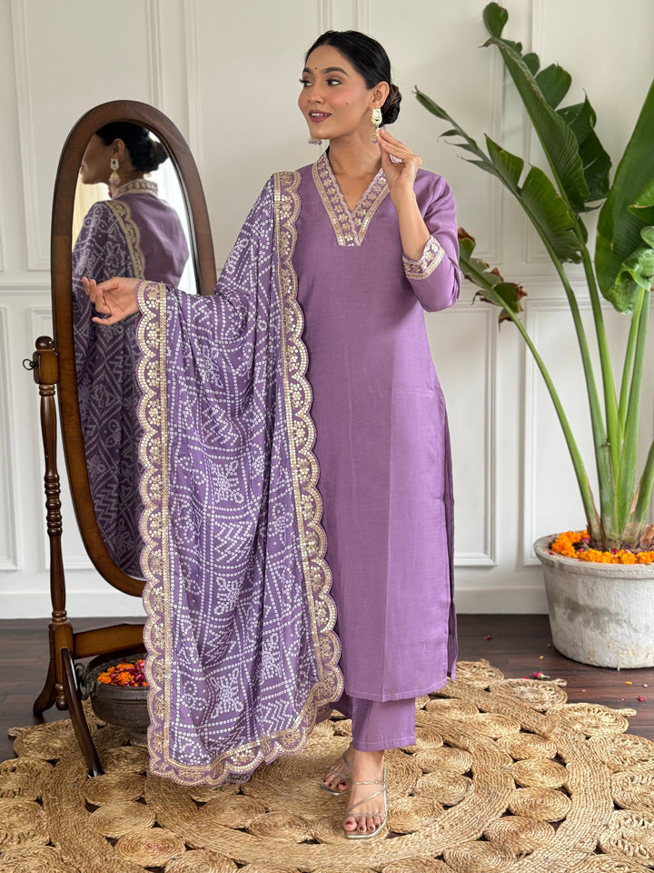 Graceful Lavender Suit | Viscose Chanderi top bottom with Silk Blend dupatta