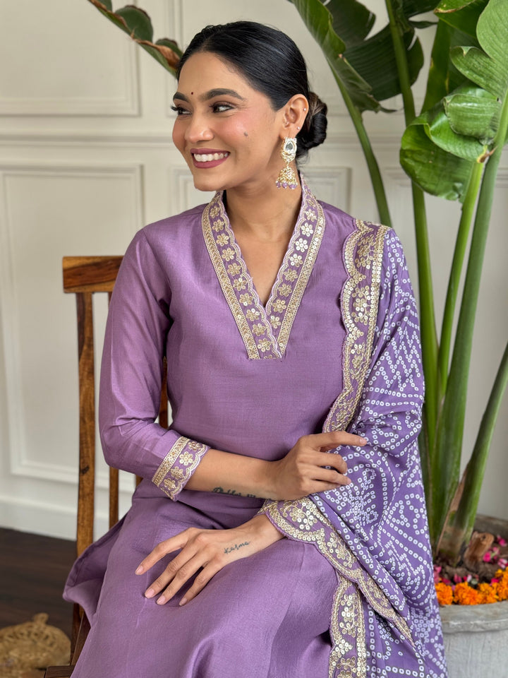 Graceful Lavender Suit | Viscose Chanderi top bottom with Silk Blend dupatta