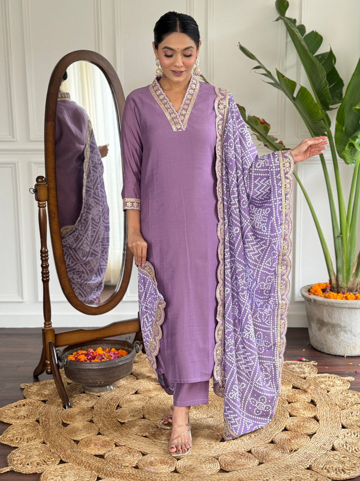 Graceful Lavender Suit | Viscose Chanderi top bottom with Silk Blend dupatta